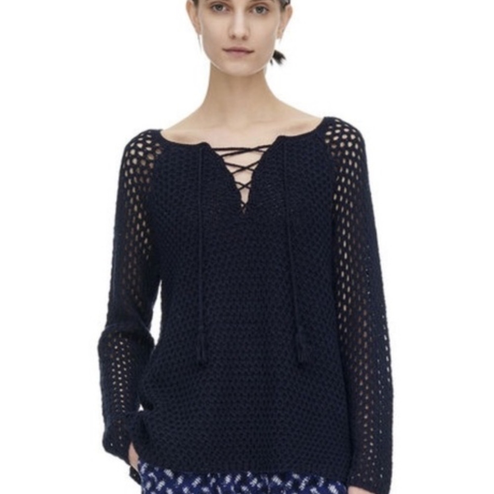 Rebecca Taylor Navy Blue Crocheted Open Knit Tie-Front Sweater XS (Runs Big)